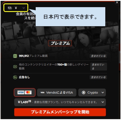 xvideos-redの通貨切替画面のスクリーンショット