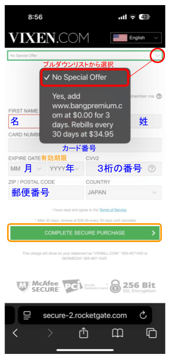 vixen media groupサイトのユーザー登録画面モバイル版のスクリーンショット2