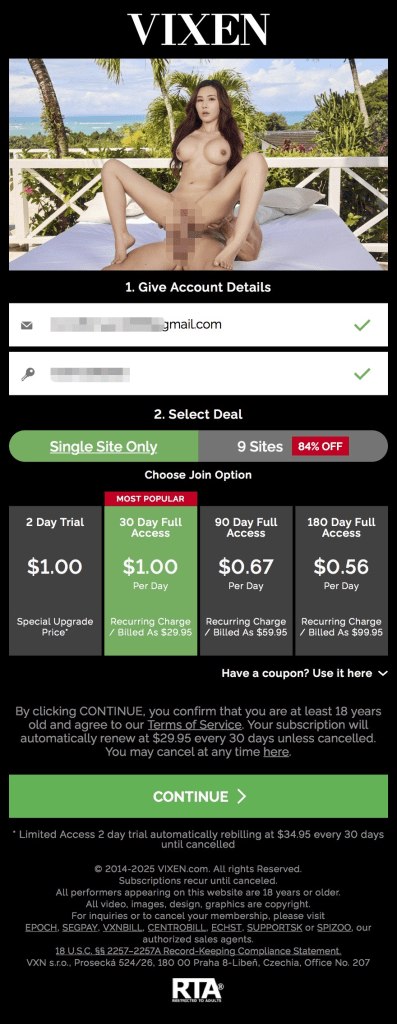 vixen media groupサイトのユーザー登録画面モバイル版のスクリーンショット1
