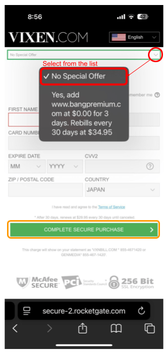 Screenshot of cross-sell appearance window in subscription process of a Vixen group site. For mobile.