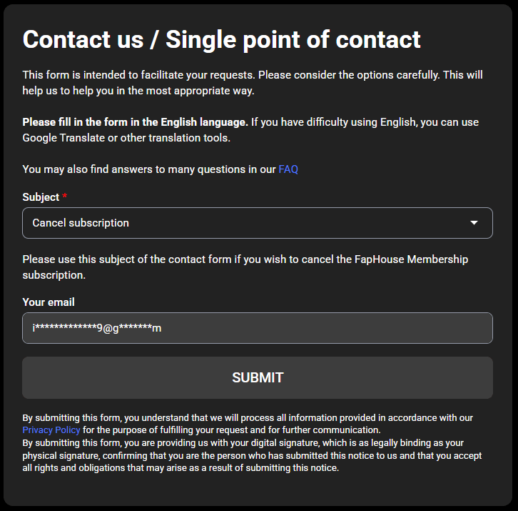 Screenshot of chosing cancel option in the contact support menu for Faphouse introductory article.