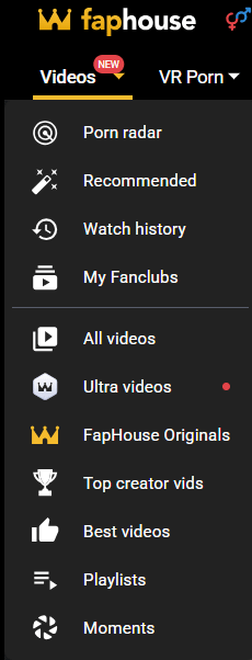 Screenshot of the expanded “Videos” menu in Faphouse, showing items such as Porn Radar, Recommended, My Fanclubs, All Videos, FapHouse Originals, Top Creators, Best Videos, Awards 2024, Playlists, and Moments.