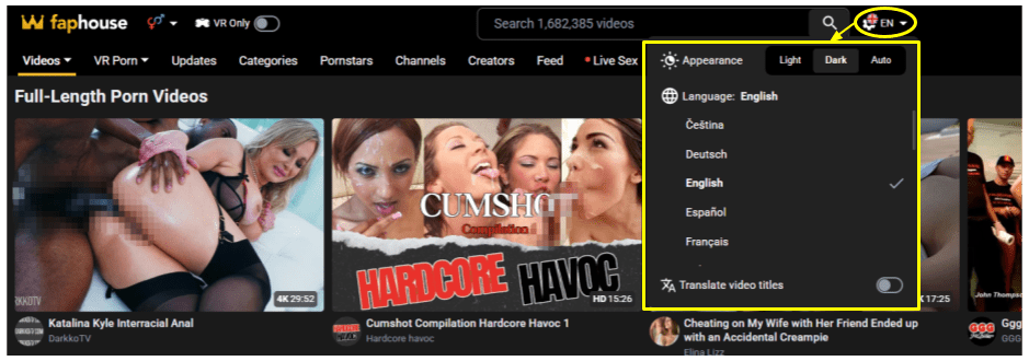 Faphouse menu showing language switch and background mode options