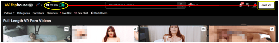 Screenshot of the FapHouse interface highlighting the “Join VR” button in the upper-right corner.
