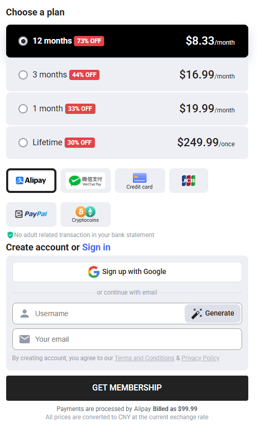 Screenshot of the FapHouse checkout page showing plan selection, payment method options, and the “GET MEMBERSHIP” button, before completing payment.