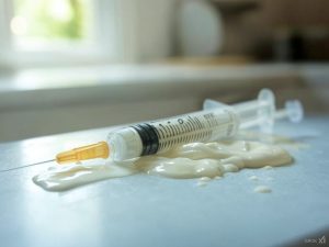 An image of a syringe filled with fake semen