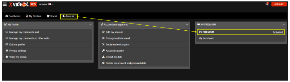 XVIDEOS RED account menu showing "XV Premium" for subscription cancellation.