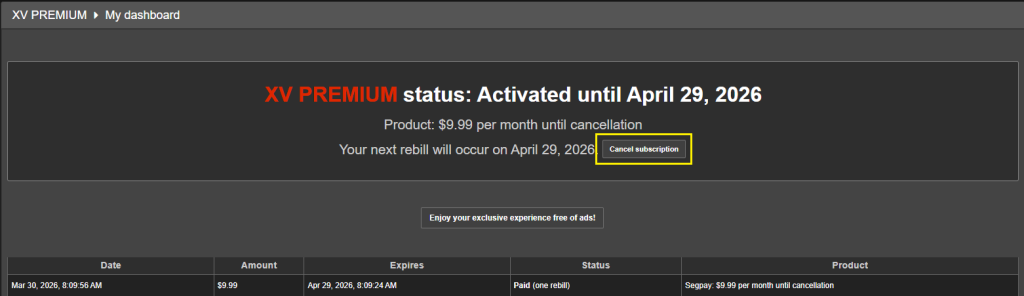 XVIDEOS RED screenshot showing the subscription cancellation button.