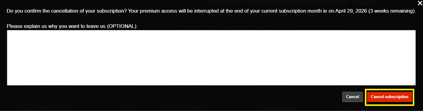XVIDEOS RED cancellation process – screen to enter the reason for cancellation.