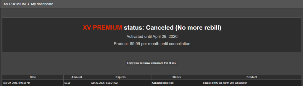 XVIDEOS RED subscription cancellation confirmation screen screenshot.