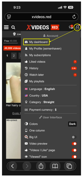 XVIDEOS RED account dashboard screenshot after logging in (smartphone).