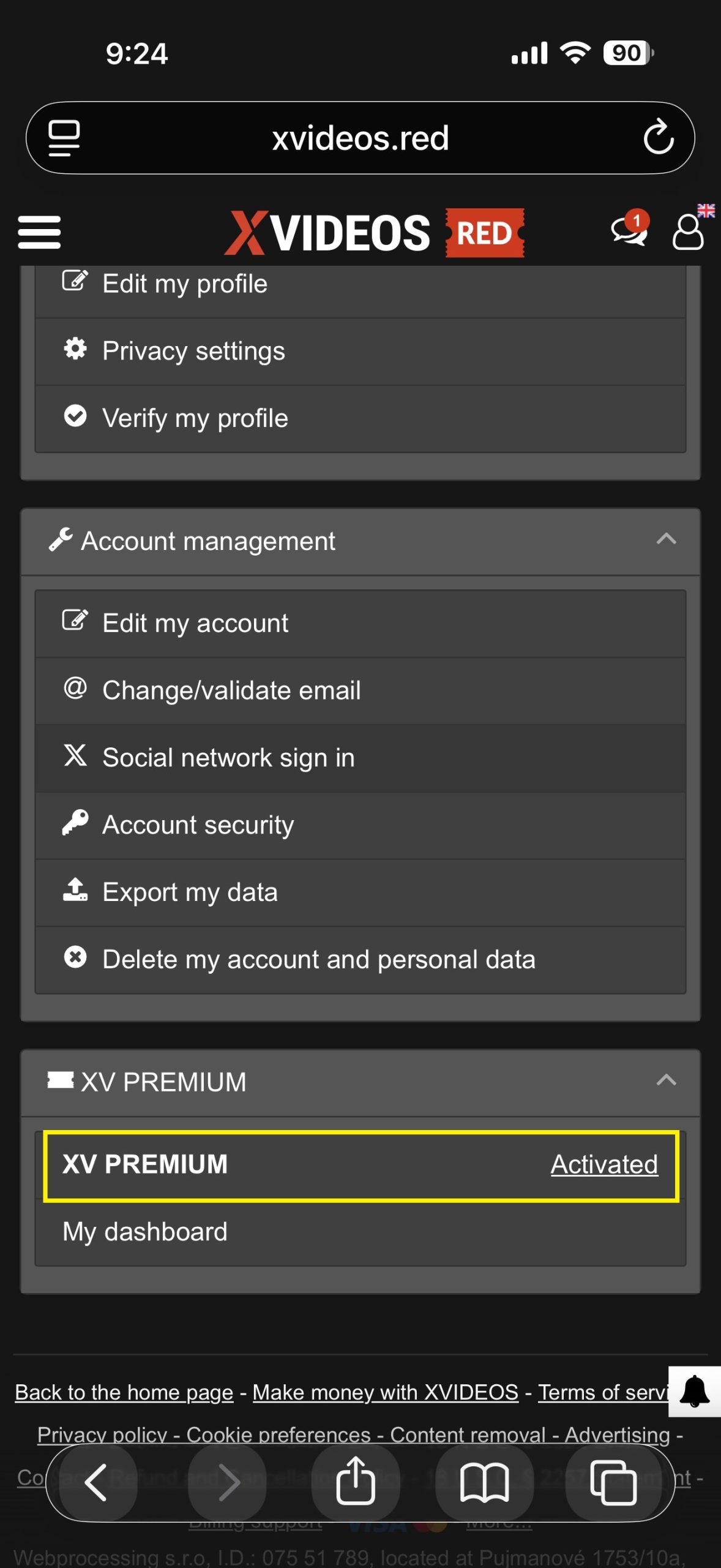 XVIDEOS RED account menu showing "My Premium" for subscription cancellation (smartphone).